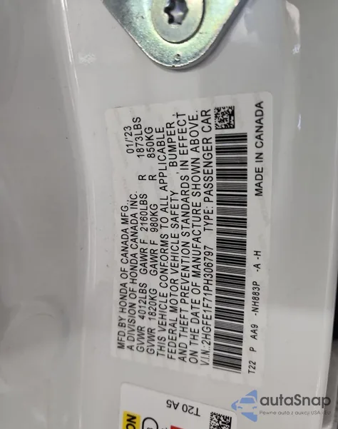 2023 Honda Civic Ex из США, поврежденный, VIN 2HGFE1F71PH306797